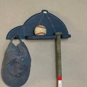 Wall Mounted Wooden Baseball Bat Rack Display Holder and Hat Hook Blue